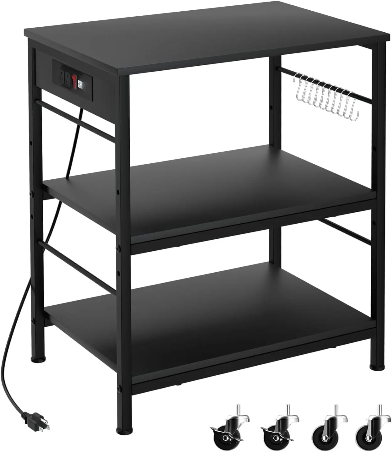 Bakers Rack com Power Outlet, Microondas Prateleira Stand, Black Coffee Bar Table Cart, 3 Camada Cozinha Carrinhos sobre Rodas, Armazenamento