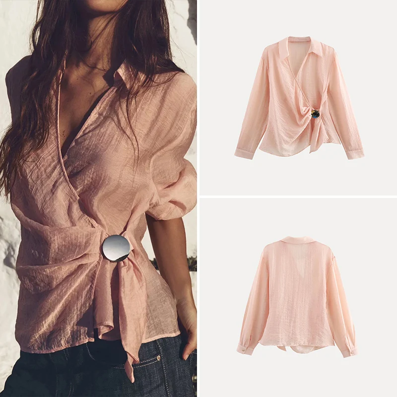 

ZADATA Модная женская рубашка с двойным воротником и цветными вставками, длинный рукав, премиум-класс, 100% полиэстер, новинка 2025 года