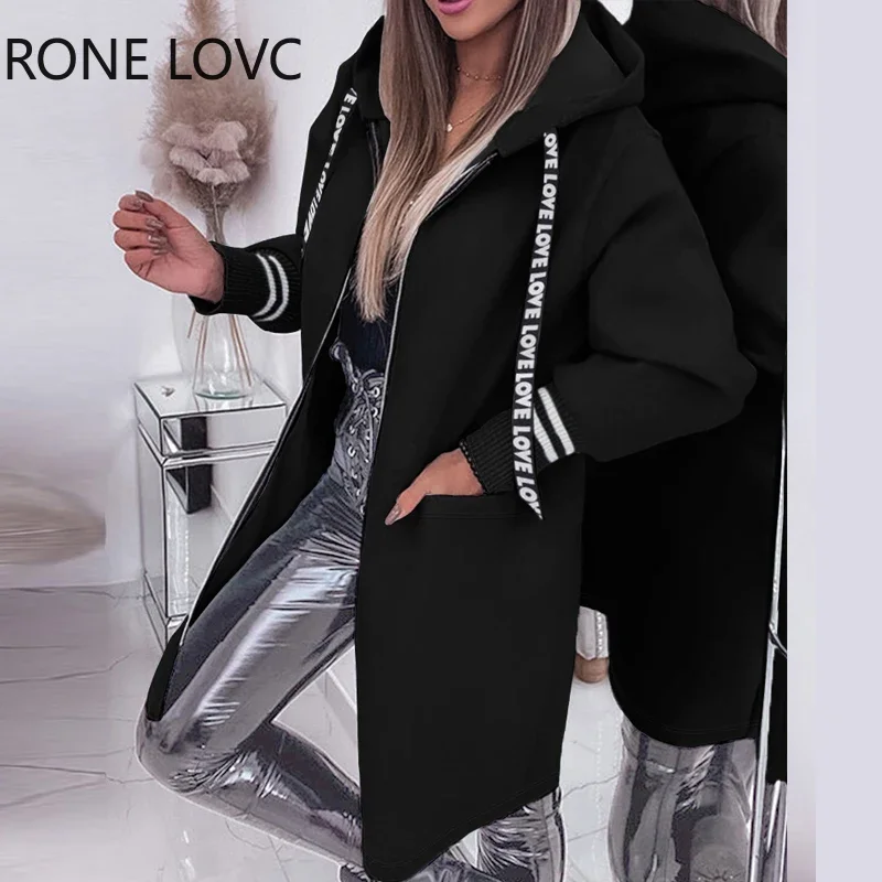 Women Hooded Letter Pattern Tape Pocket Long Sleeves Long Straight Casual Autumn Jacket Tops