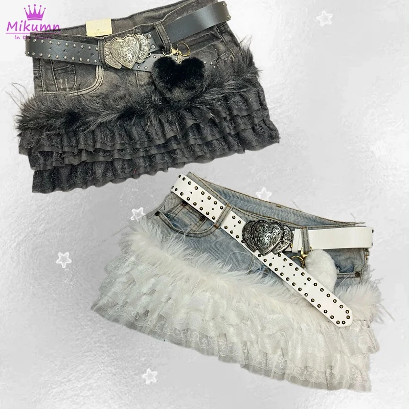 

Джинсовая мини-юбка Mikumn в стиле Харадзюку, готическая, сексуальная, Y2K, для девочек, панк, милая, с плюшевыми вставками и кружевом, шикарная уличная одежда, женские юбки