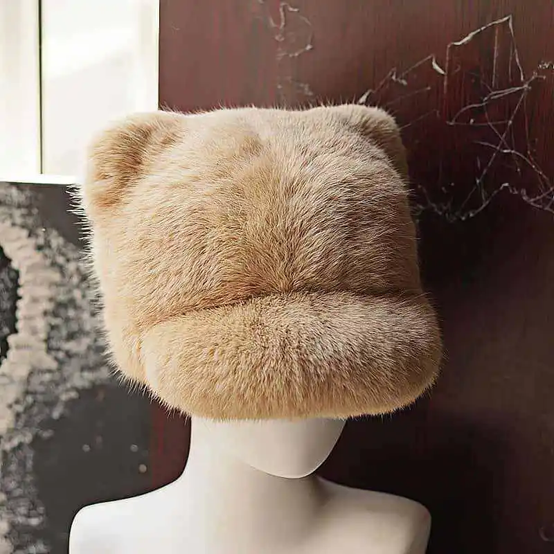 Modische Wintermütze mit Echtem Kaninchenfell und Katzenohren für Damen, Ganzfell-Mütze, Stilvolle Warme Bombermütze – Detail 8