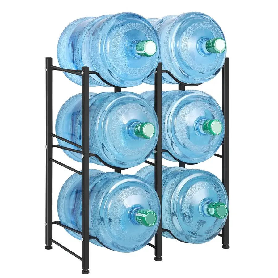 

5 Gallon Water Bottle Holder, 3 Tiers Black Double Row Heavy Duty Water Cooler Jug Rack, Water Rack with 6 Slots for Home Kitche