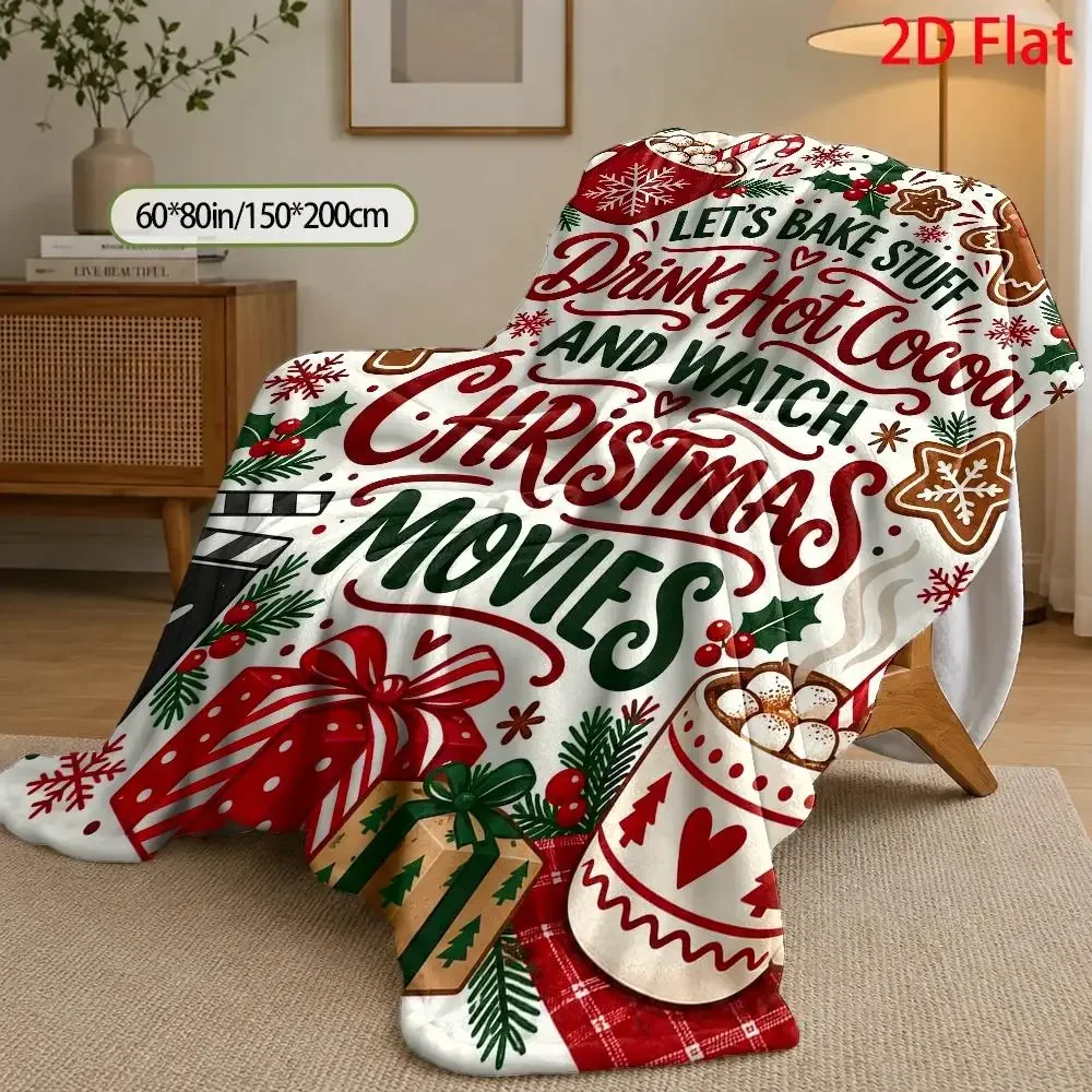 2D Flat Print 1pc Throw Blanket, Let's Bake Stuff Drink Hot Cocoa Watch Christmas Movies Letter Pattern, Decor Blanket for Bed