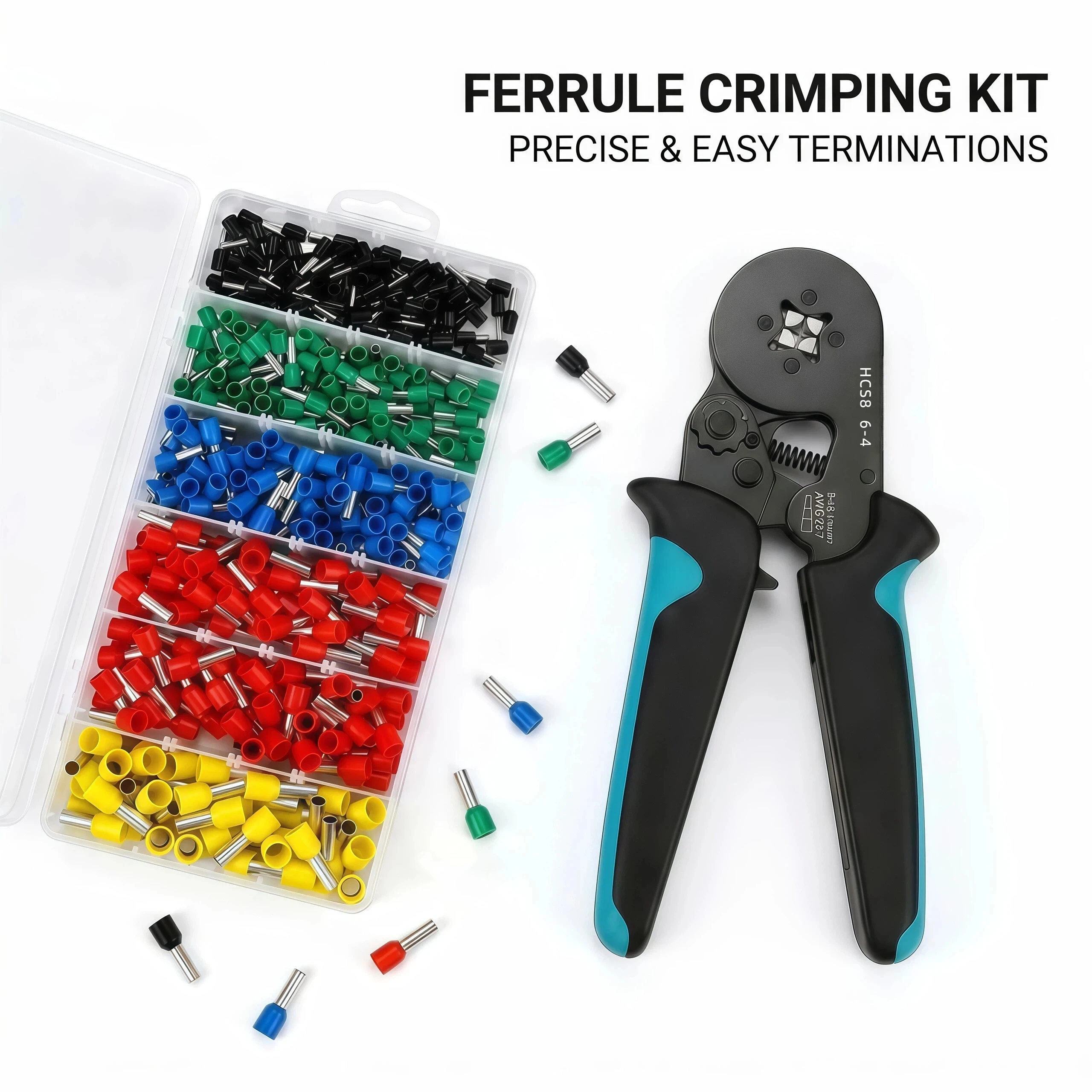 

HSC8 6-4 Hexagonal Crimping Pliers Kit with 450PCS Multi-Size Insulated Wire Ferrules Terminals in Storage Box