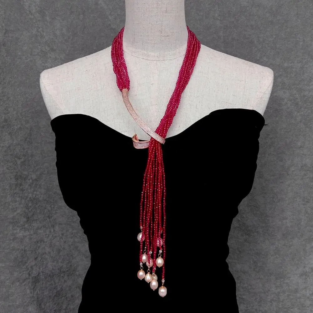 Y.YING 10 Rows Red Crystal Cultured Pink Rice Pearl Long Lariat Necklace Fashionable Jewelry