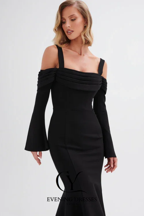 CUYUN-vestidos Midi de sirena negros para mujer, vestidos con hombros descubiertos y tirantes, vestido de fiesta largo hasta el té, vestidos formales de banquete personalizados