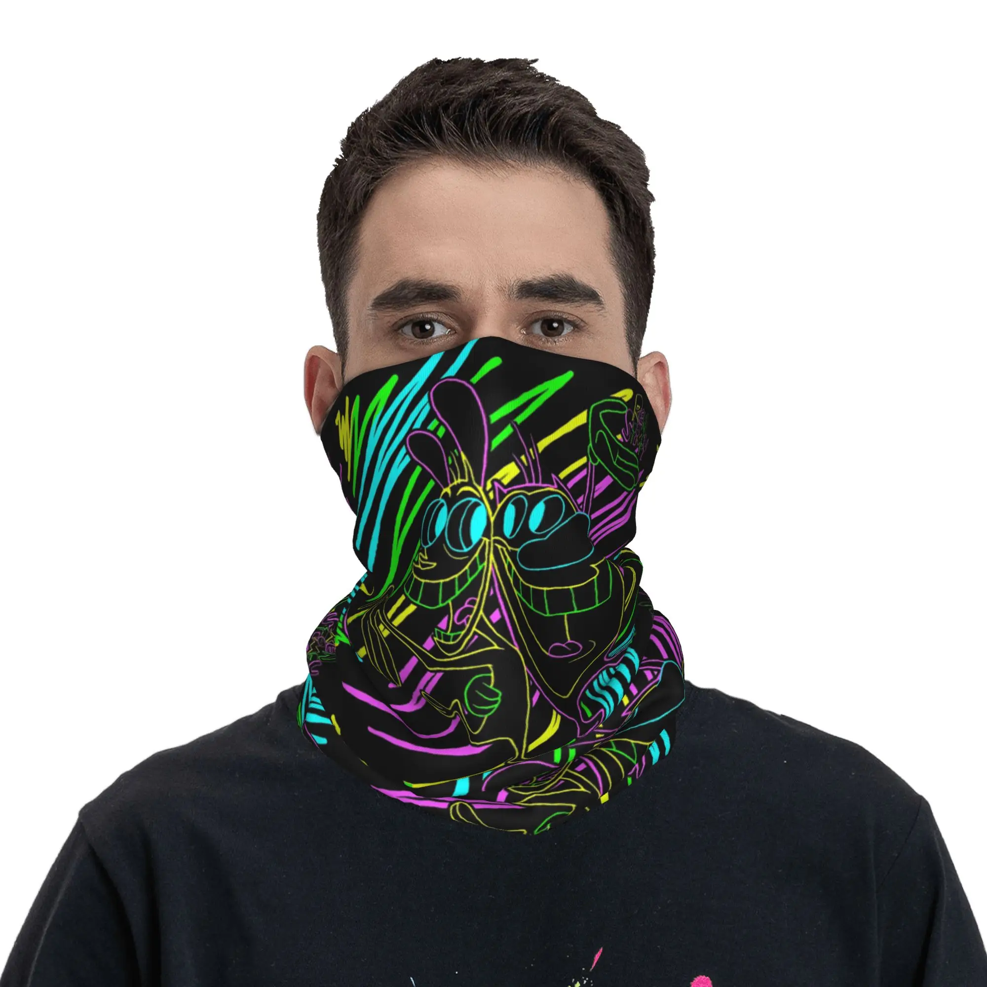 Character Ren And Stimpy Cartoon Animal 90s Bandana Neck Gaiter Printed Wrap Mask Scarf Balaclava Hiking Fishing Unisex Adult