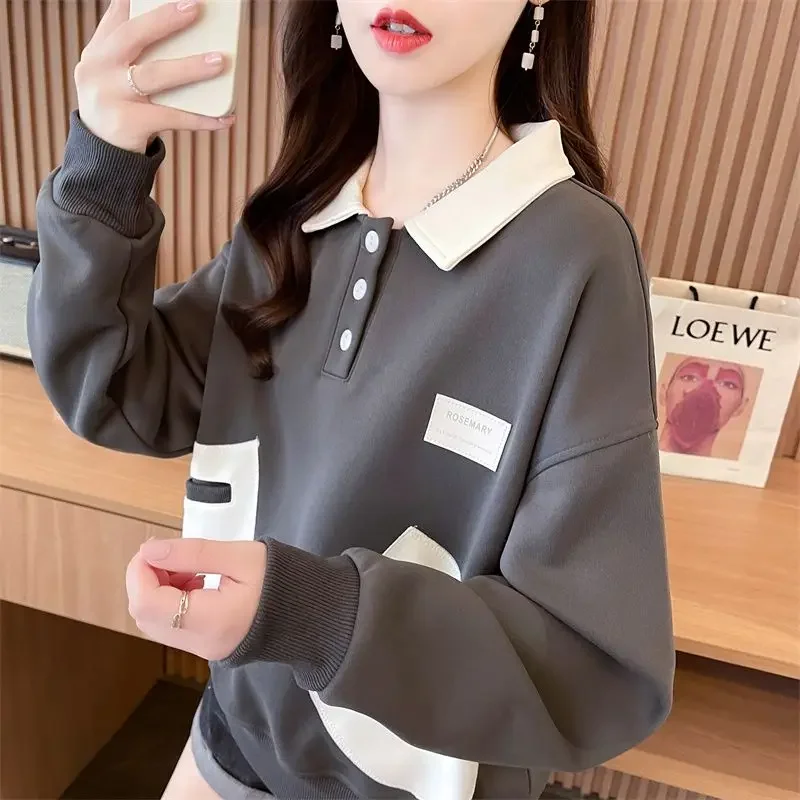 

Loose Fit Short Length Plus Velvet Jacket Top Polo Collar Hoodie Women's New Style Contrasting Color