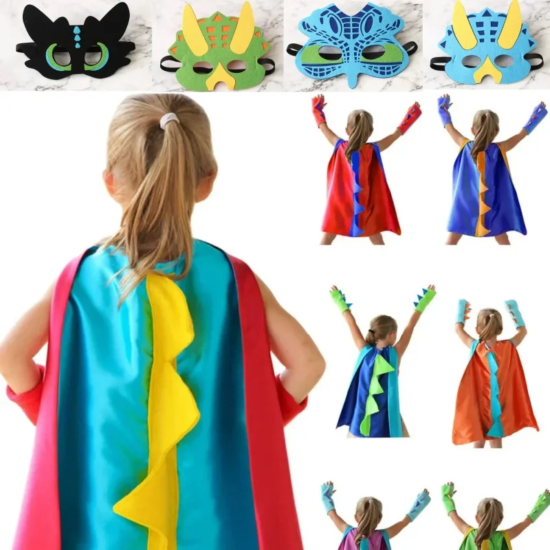 

Halloween 7 Colors Cosplay Dinosaur Costume Cloak with Hat for Kid Birthday Party 70CM Toothless Dragon Fancy Cape Mask