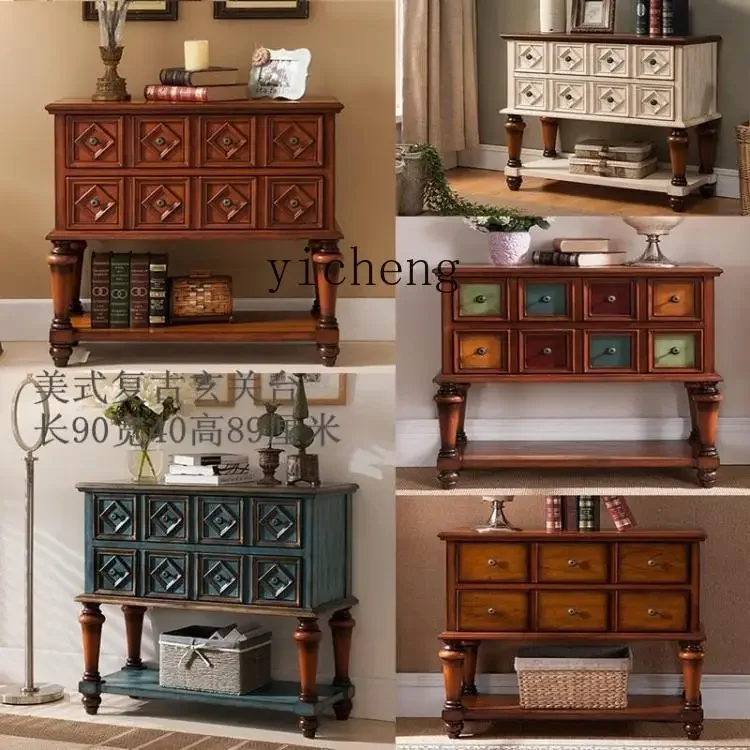 solid wood retro entrance cabinet entrance table end view cabinet Mediterranean blue decorative entrance table table