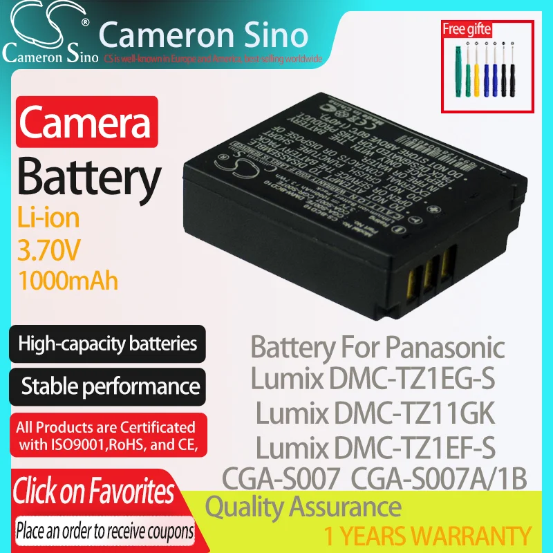 CameronSino Battery for Panasonic Lumix DMC-TZ1EG-S  Lumix DMC-TZ11GK fits Panasonic CGA-S007 Digital camera Batteries 1000mAh