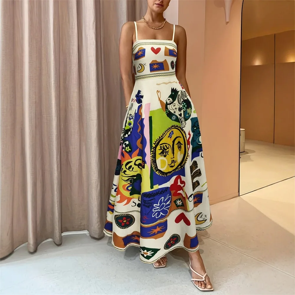 Abito longuette senza spalline con stampa astratta colorata Donna Estate Sun Face Graffiti Boho Beach A-Line Vestito estivo Abiti da festa