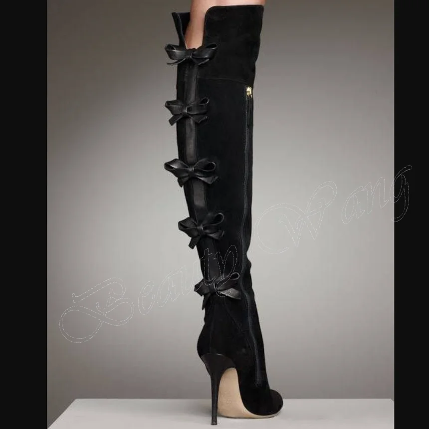 

Black Back Bow Knee Boots Solid Side Zipper Over The Knee Women Stilettos High Heel Boots Boots Super High Club Wearing Boots