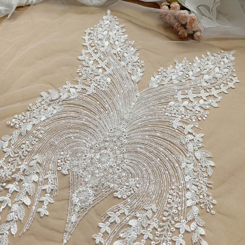 NEW Beaded Sequins Bridal Lace Fabric Advanced Customization Wedding Dress AB Set Front Chest Back Flower RS4174