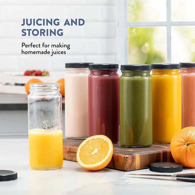 Glass Juicing Bottle with Cover, Healthy Juice Cup, Pickles Storage Jars, 16oz, 500ml, 6 Units