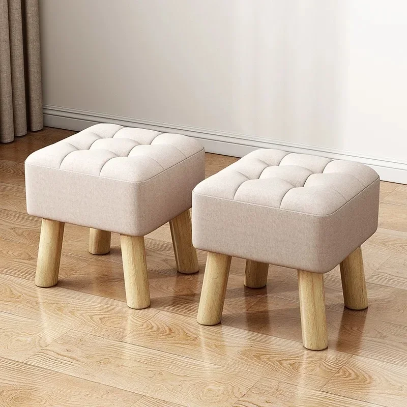 Dia30cm Round Ottoman Foot Rest Stool Linen Fabric Padded Seat Pouf Ottoman with Non-Skid Wooden Legs