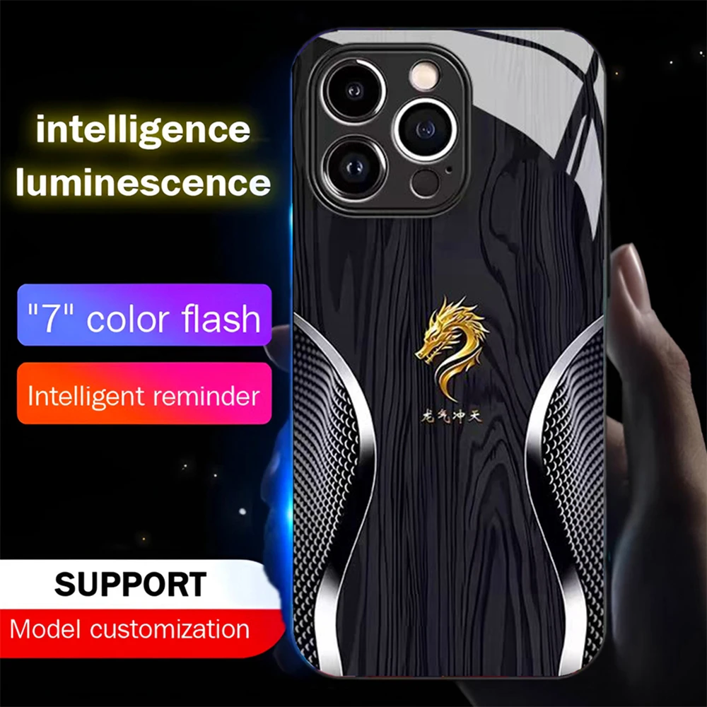 

Wood Grain Dragon Emblem Sound Control LED Flash Cases Luminous Glass Cover For OPPO Reno 9 10 11 12 13 Pro Find X5 X6 Pro