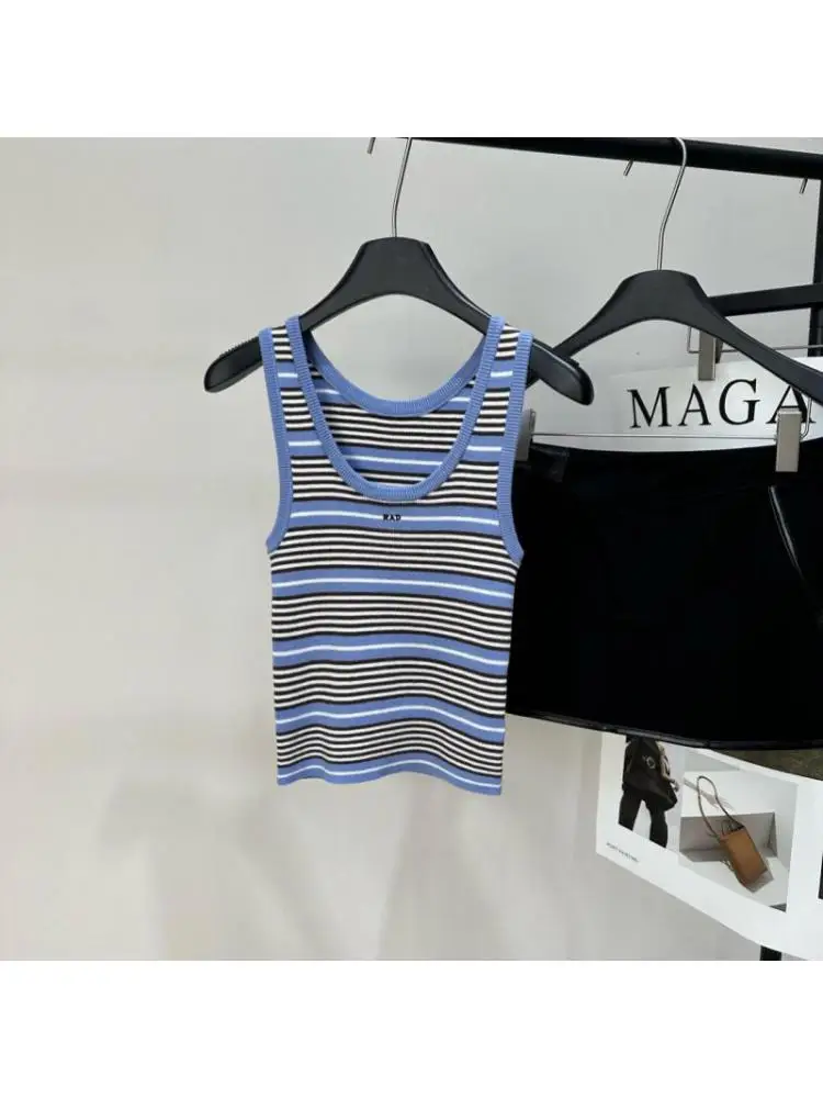 

2026 Early Spring Blue Coffee Color-block Striped Embroidered U-neck Knitted Vest Slim-fit Women's Top