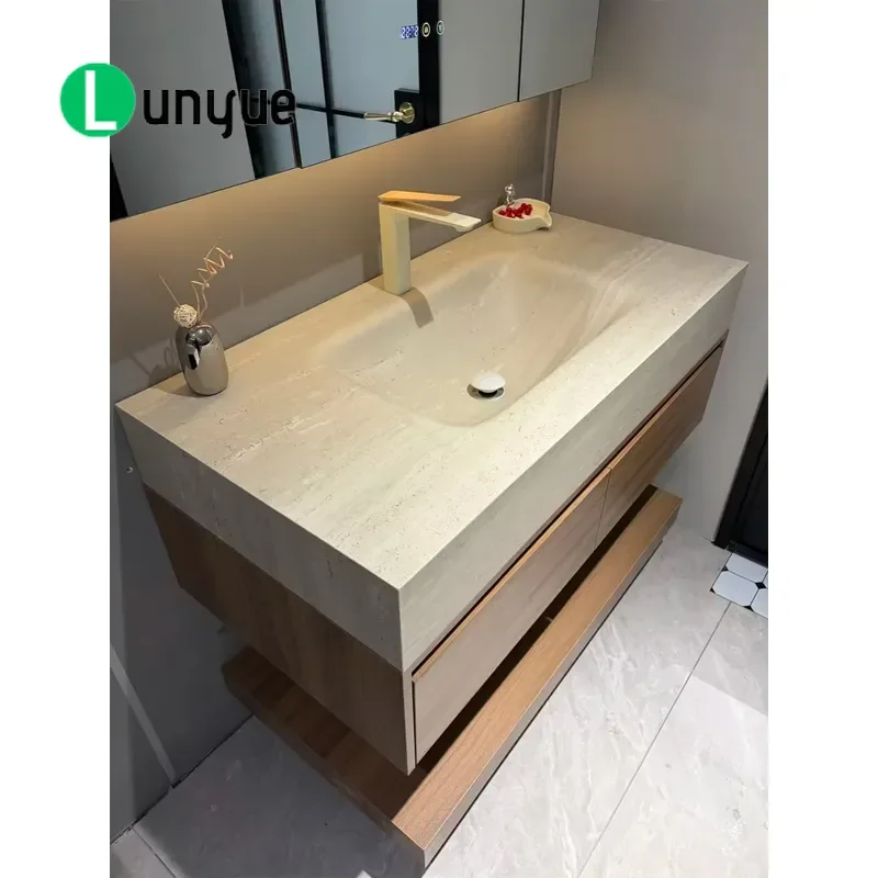 Modern Wall Mounted Plywood Bathroom Sink Integrated Calcined Stone Basin Custom Size Cabinet With Drawers Storage Vanity