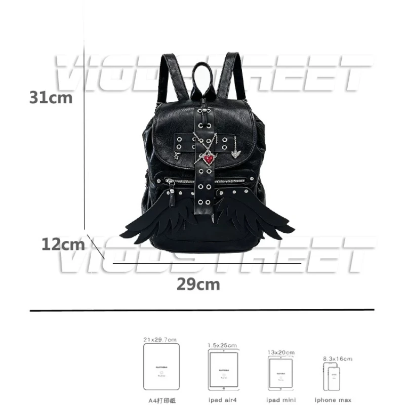 Y2K Millennial Punk Wings Cross Backpack Black Cool Student Backpack