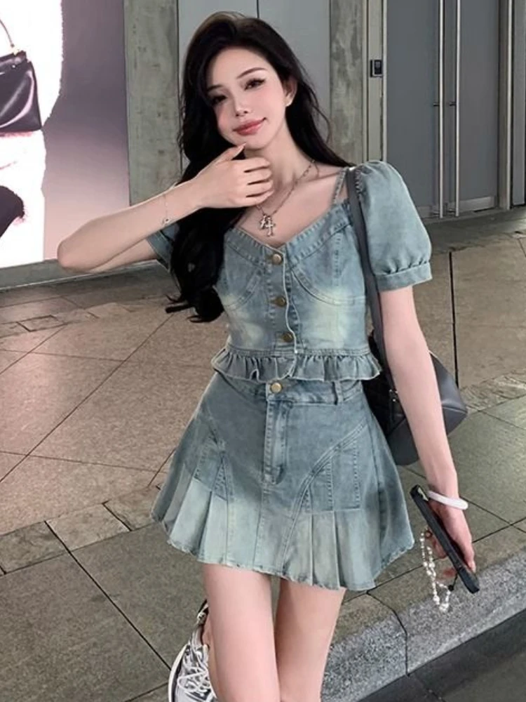 American Vintaeg Denim Matching Sets Slash Neck Short Sleeve Ruffles Crop Tops Pleated High Waist Mini Skirts Women Clothing Y2k