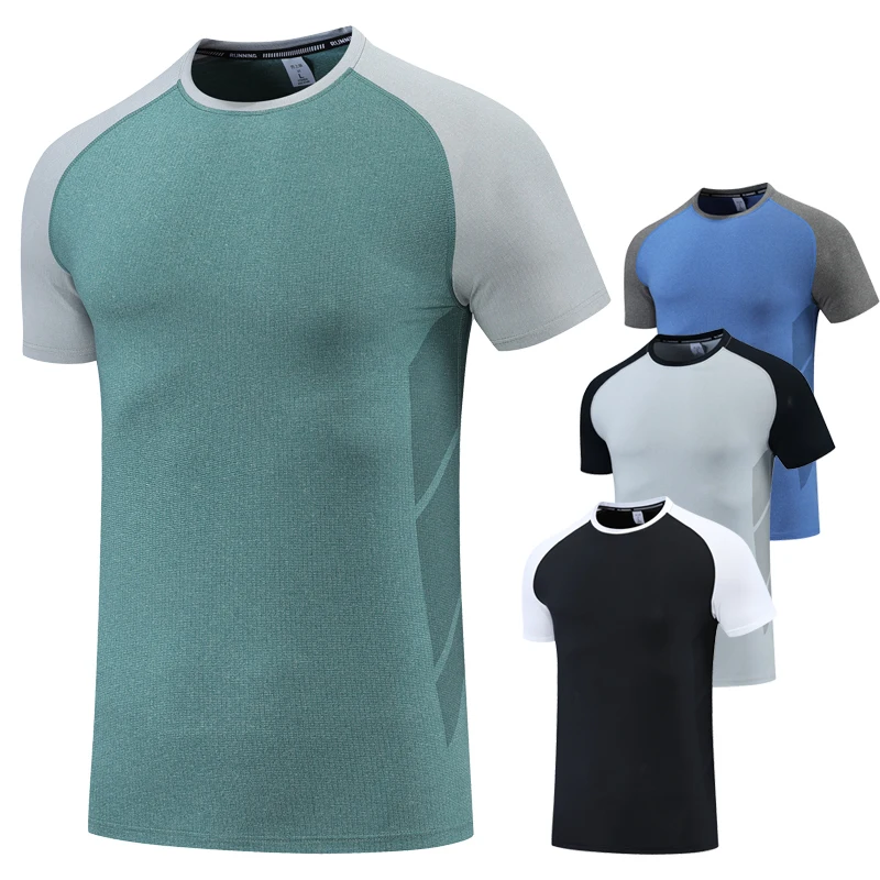 Men Shirts Sports Print Casual Gym Running Summer Tee Outdoor Jogging Breathable Elasticity Patchwork Fashion Short Sleeves