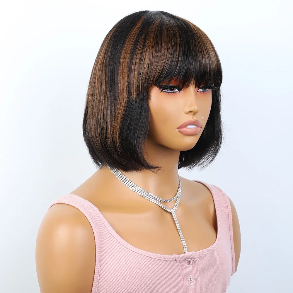 Malaysia Short Straight Hair Bob Wigs Human Hair Wig With Bangs Remy Full Machine Made Wig for Women Brown Honey Color Bob Wig