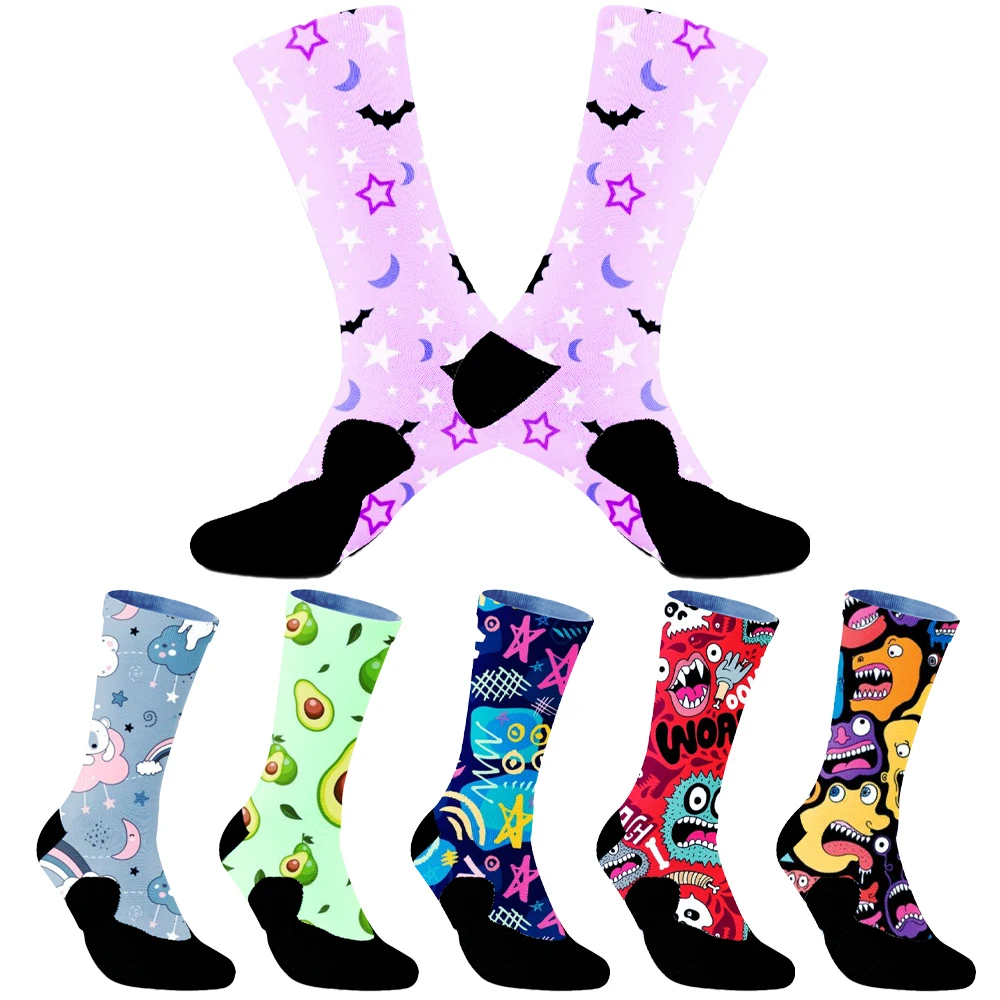 Nuevos calcetines con estampado de garabatos tendencia de moda Hip Hop calcetines altos hasta el muslo coloridos felices divertidos calcetines de ciclismo de algodón Harajuku