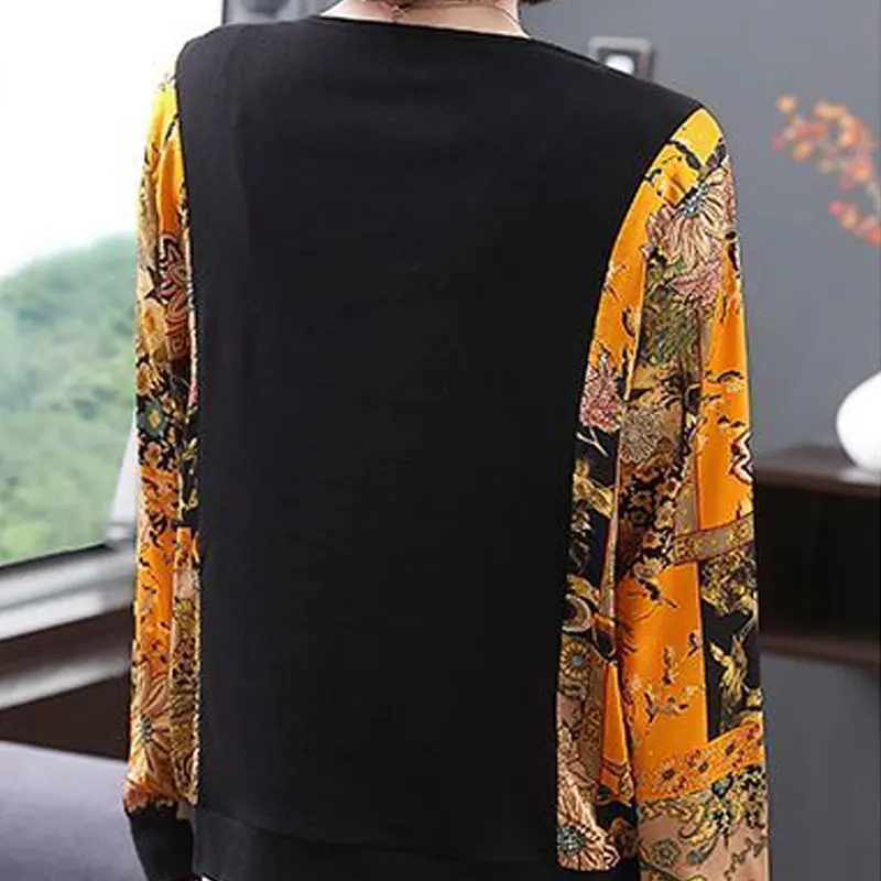 Vintage Floral Printed Patchwork Blouse Casual Spring Autumn New Women's Clothing Turn-down Collar Fashion Diamonds Button Shirt