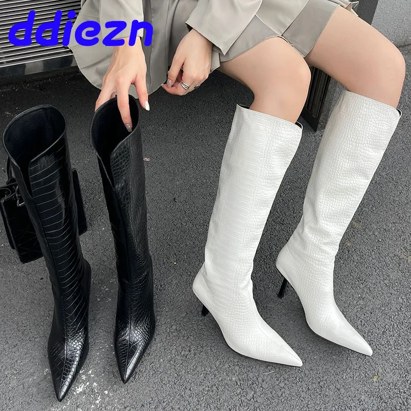 

Fashion Pointed Toe Ladies Long Boots Slip On Shoes With Thin Heels Footwear Modern Women Knee High Bootes Female Pumps Shoes