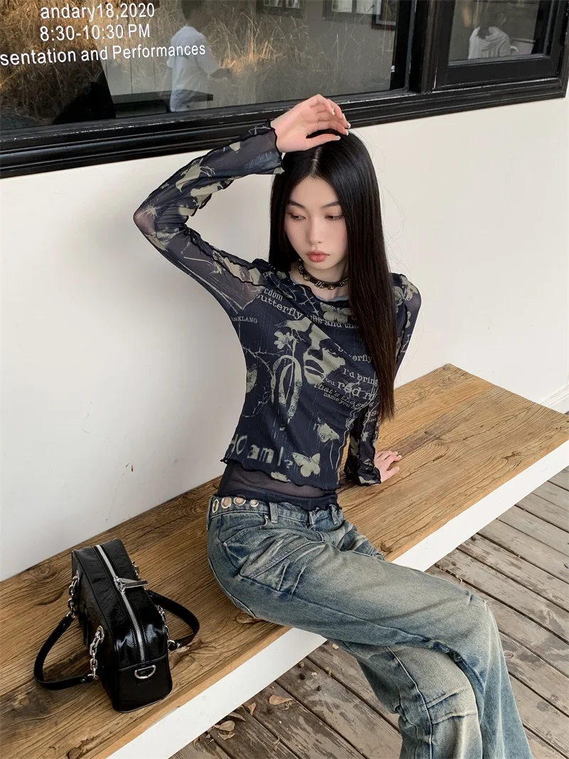 CHEERART Fall 2023 Vintage Black Frill Long Sleeve Tees See Through Mesh Top For Women Y2k Fashion Graphic T Shirts Clothes