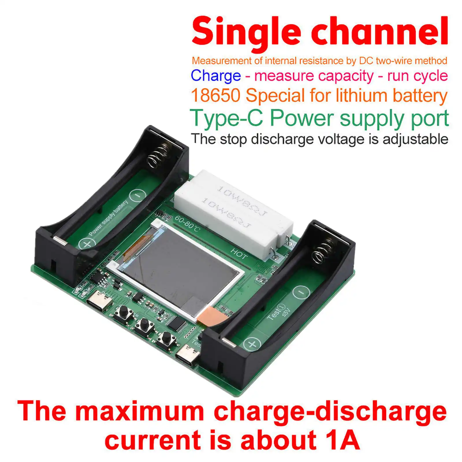 1pc 18650 Battery Capacity Internal Resistance Tester DC5V USB Type-C 1A Charge Discharge Module for Lithium Cell