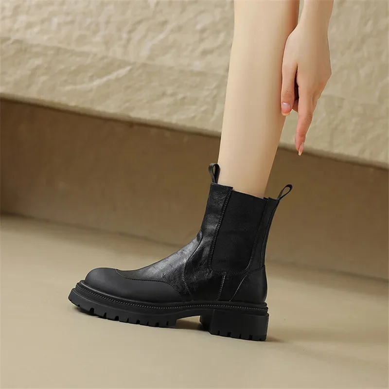 New Autumn Winter Split Leather Women Shoes Fashion Round Toe Short Boots for Women Chunky Heels Platform Boots Zapatos De Mujer