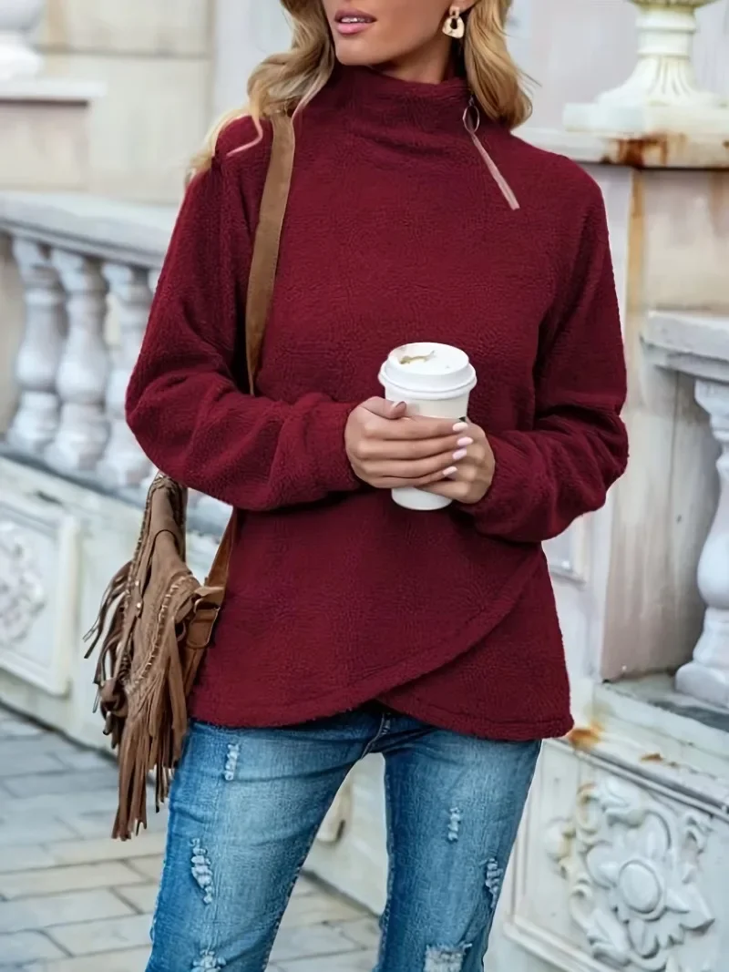 Plus Size Fashion Nieregularny sweter z wysokim dekoltem, luźny top z zamkiem błyskawicznym