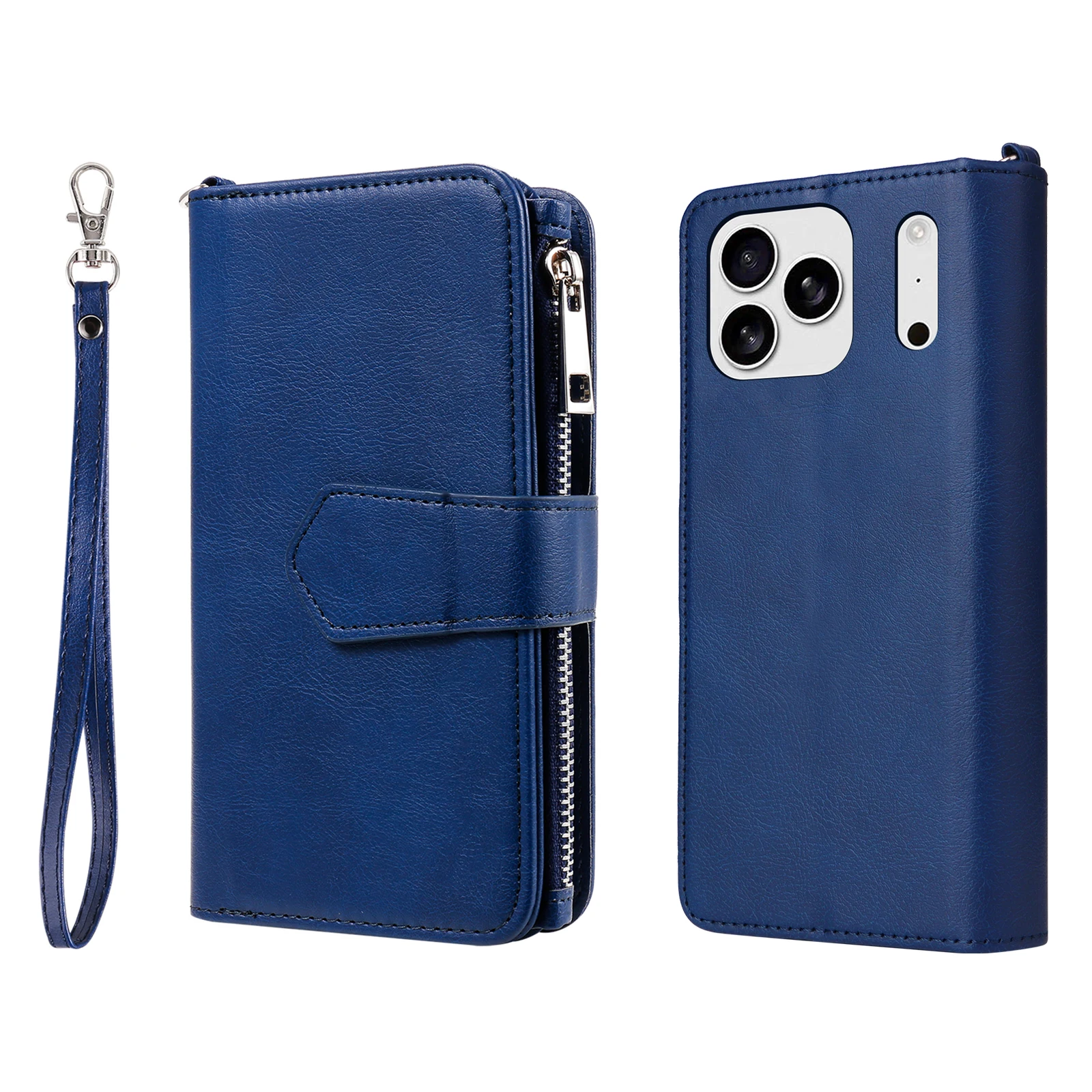 

For iPhone 17 Pro Magnetic Leather Case Mobile Cover with Detachable Zipper Wallet Strap - Blue