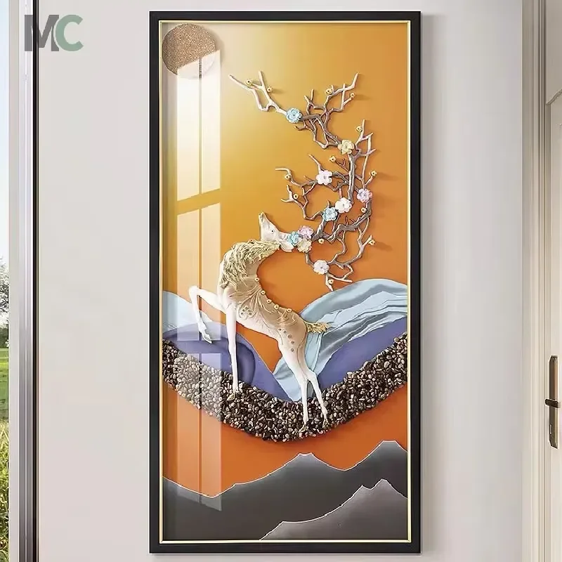 Nova Pintura em Porcelana Cristal para Sala de Estar Chinesa, Arte de Parede 3D Tridimensional de Alce para Corredor, Mural Decorativo para Casa