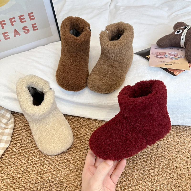 Outdoor Kids Ankle Plush Boots Warm Flurry Soft Boy Girl Causal Ankle Boots Round-toe Side Zipper Children Fashion Cotton Boots