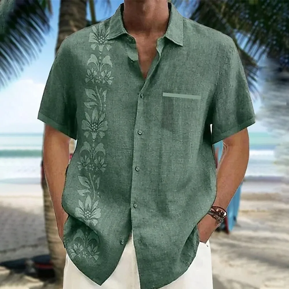 Men's floral summer Hawaiian short sleeved linen shirt suitable for casual outdoor vacation collar shirt