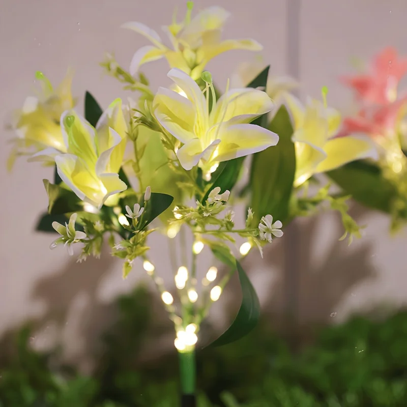 Multi-Bloom Pink Lily Solar Garden Stake Lights, Luminous Lily Bouquet LED Lamp for Outdoor Lawn Romantic Floral Landscape Decor