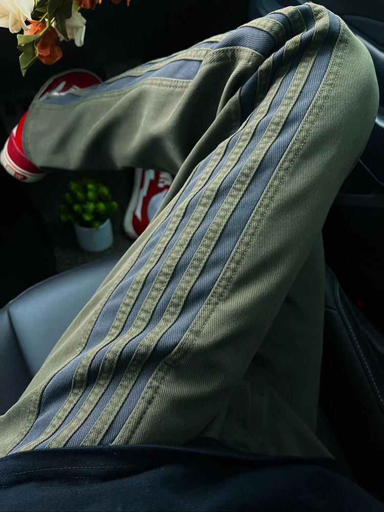 

Hiphop Military een Striped Men's Thiened Fce Sports Pants Autumn Winter Straight Leg Casual Workwear Trousers