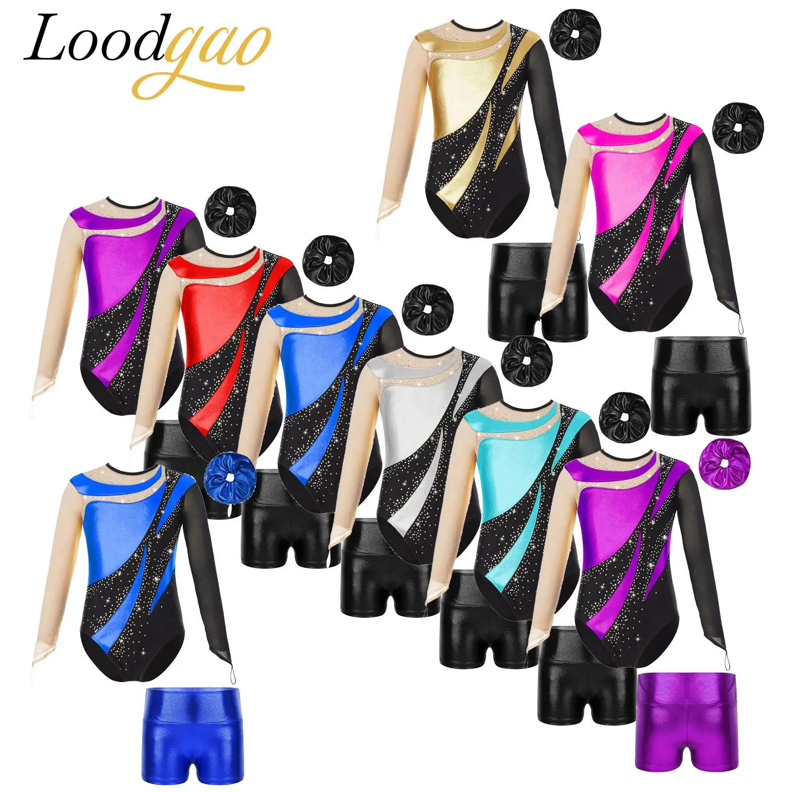 

Kids Girls Shiny Leotard + Metallic Shorts Ballet Dance Outfit Long Sleeve Rhythmic Gymnastics Jumpsuit Children Dance Clothes