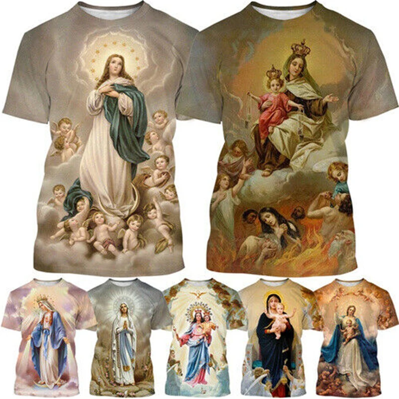 Virgin Mary T Shirt Goddess Of Mercy 3D Print T-Shirt Christian Blessed Jesus God T Shirts Womens Clothing Unisex Short Tops