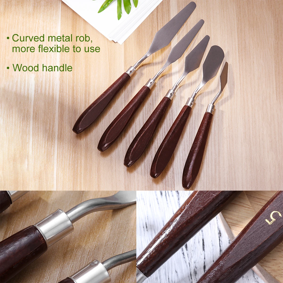

5 pcs Stainless Steel Oil Paint Knives Spatula Painting Accessories Art Class Mural Canvas Metal Knife Set Wood Handle (Random