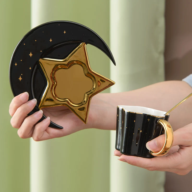 Creative Ceramic Star Moon Coffee Cup And Saucer With Spoon Golden Handle Mug Afternoon Tea Milk Juice Water Drink Cup Porcelain