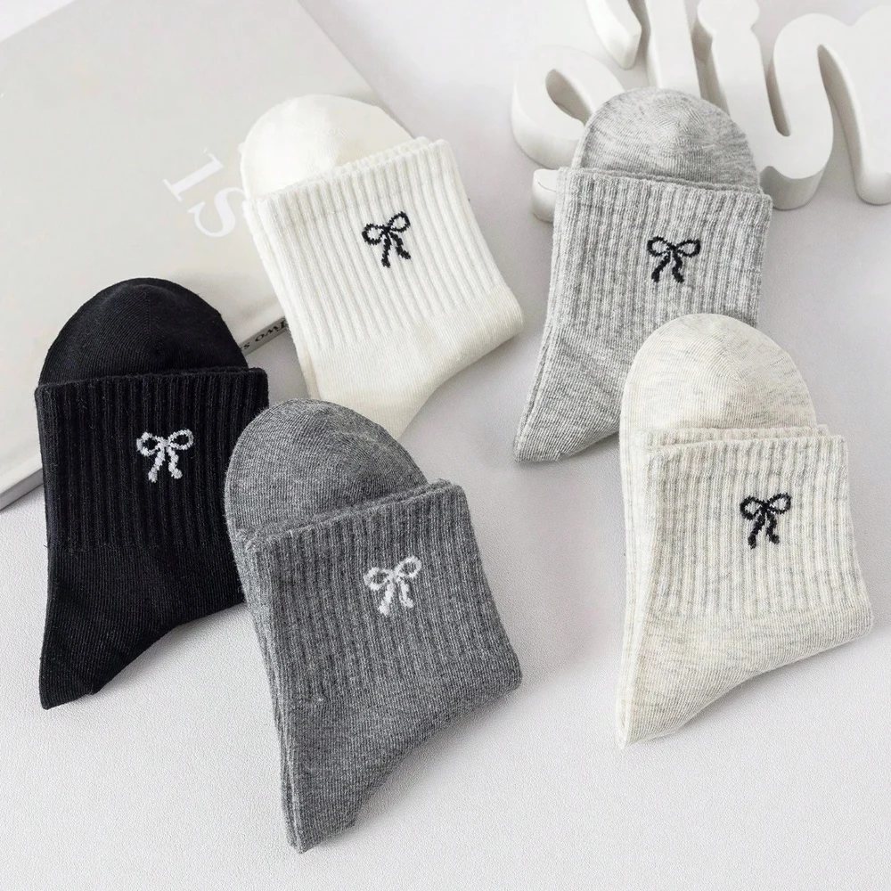5 Pairs Girls' Plain-Colored With Bow-Patterned Socks, Cute and Casual, Suitable for Daily Use and Travel, Kid's Mid-Calf Sock