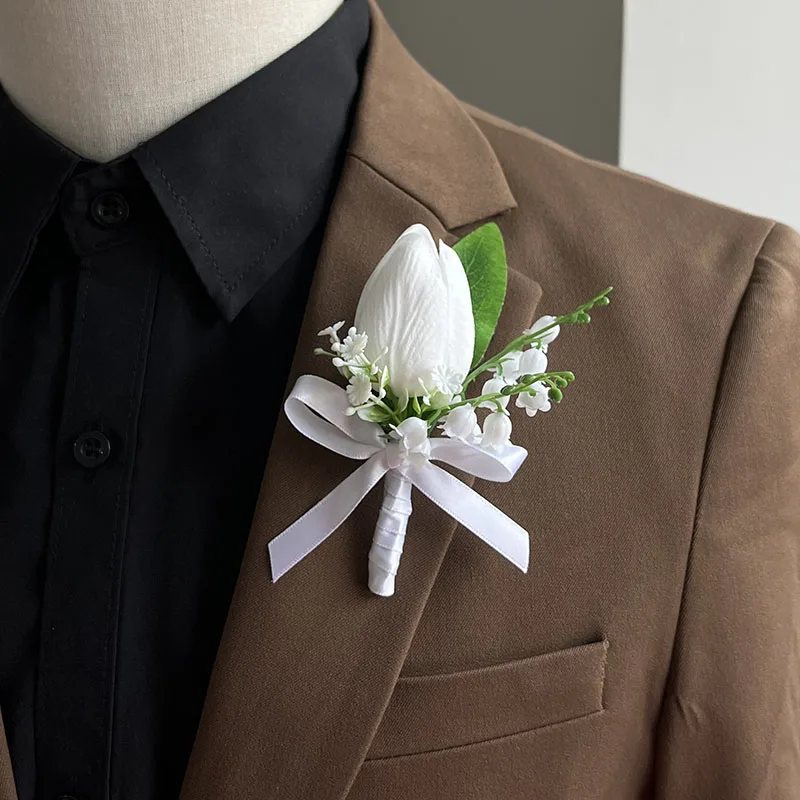 Costume boutonnière de marié, accessoires de Rhde mariage, boutonnière de corsage, épinglette, broche, tulipes artificielles, fleur, garçon, ami