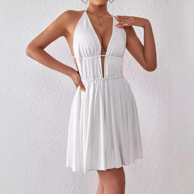 

2025 White Deep V-Strap Dress, European and American Sexy Hanging Neck Strap Open Back Dress, Short Skirt Vestidos Para Mujer