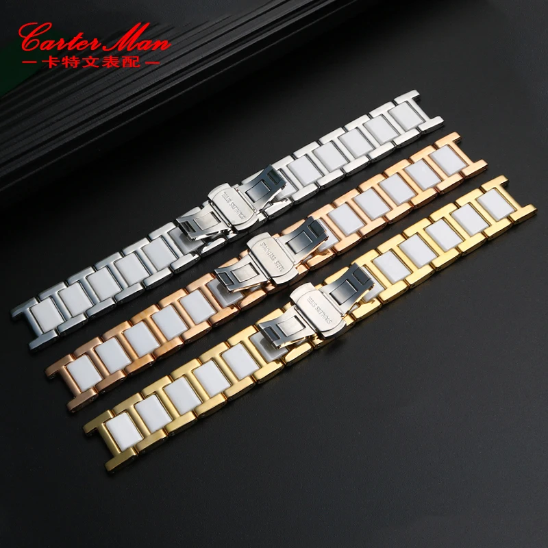 Notched fine steel ceramic watchband for Guc GC Frey guess Dior MK men\'s women\'s black white strap watch chain 14*8mm 16*8mm