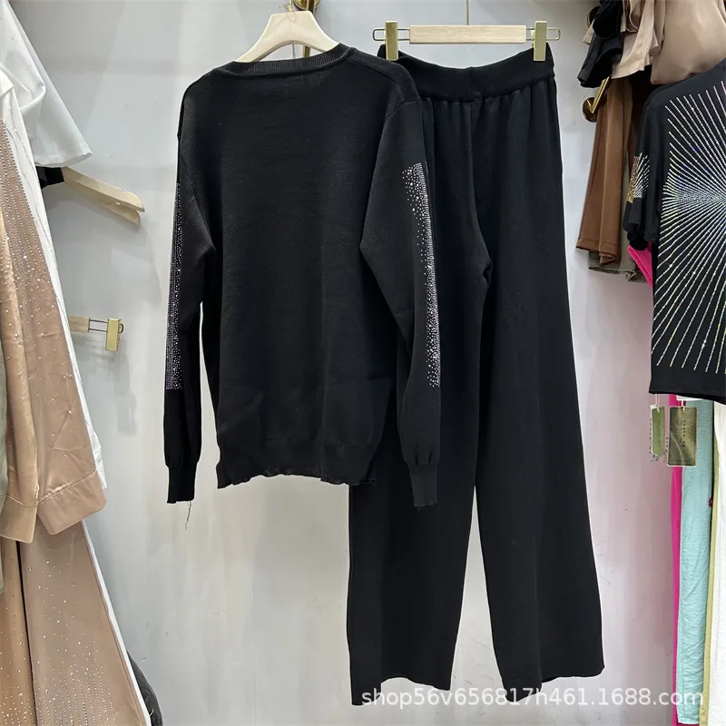 Conjunto de dos piezas de otoño para mujer, jersey de cuello redondo con perforación caliente brillante, Top + Pantalones rectos de pierna ancha con cintura elástica, novedad de moda