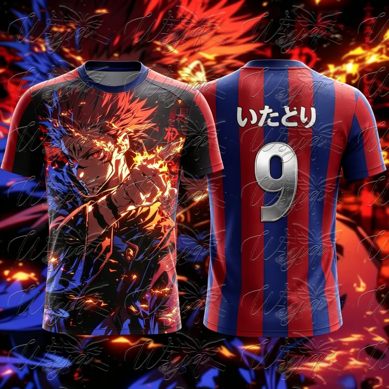 Jujutsu Kaisen Itadori Yuji Sukuna #9 Stripe Soccer Jersey 3D Print Sports Tee Men Women Summer Anime Short Sleeve Street Top